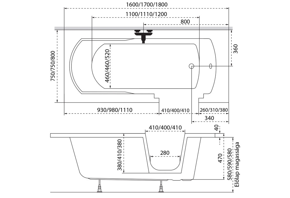 Héra akadálymentesített besétálós akril kád 180x80 balos