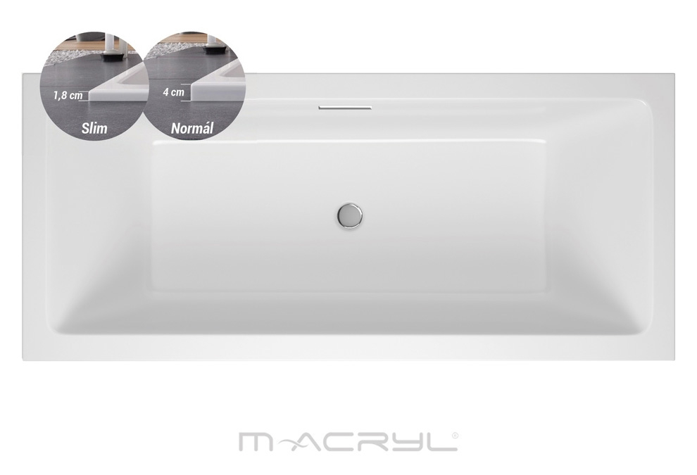 M-Acryl Sabina Pro Slim 180x80 cm keskeny peremű,akril kád + ajándék vízszintező kádláb és peremrögz