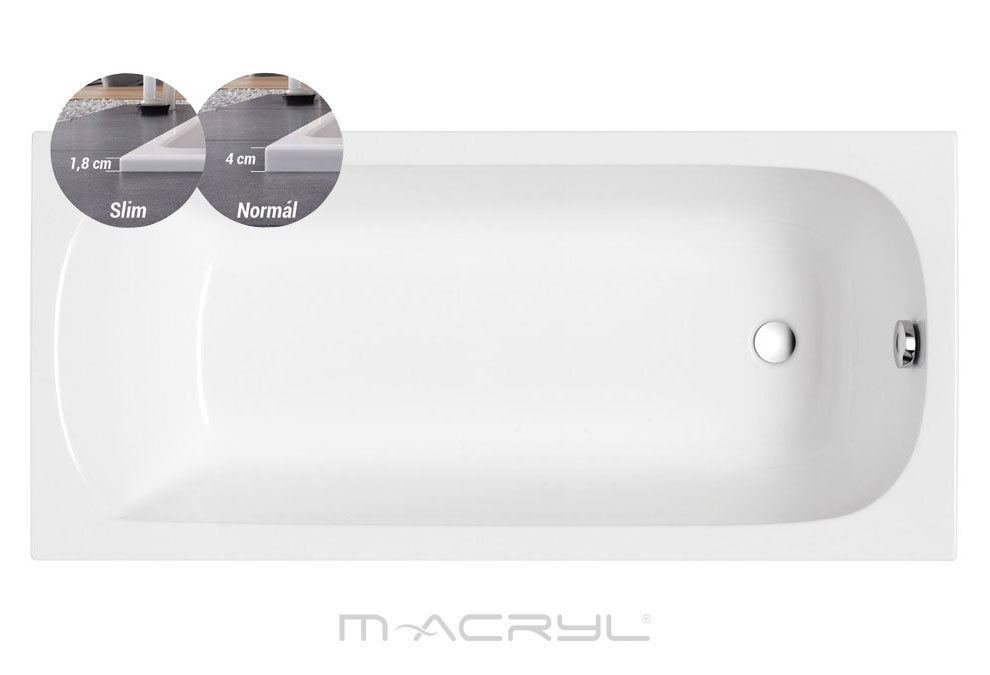 M-Acryl Mira Slim 170x70 cm keskeny peremű, egyenes akril kád + ajándék vízszintező kádláb és peremr