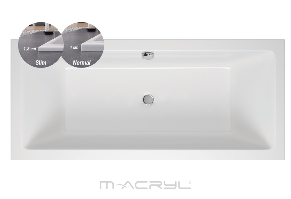 M-Acryl Sabina SLIM 180x80 cm keskeny peremű, egyenes akril kád + ajándék vízszintező kádláb és pere