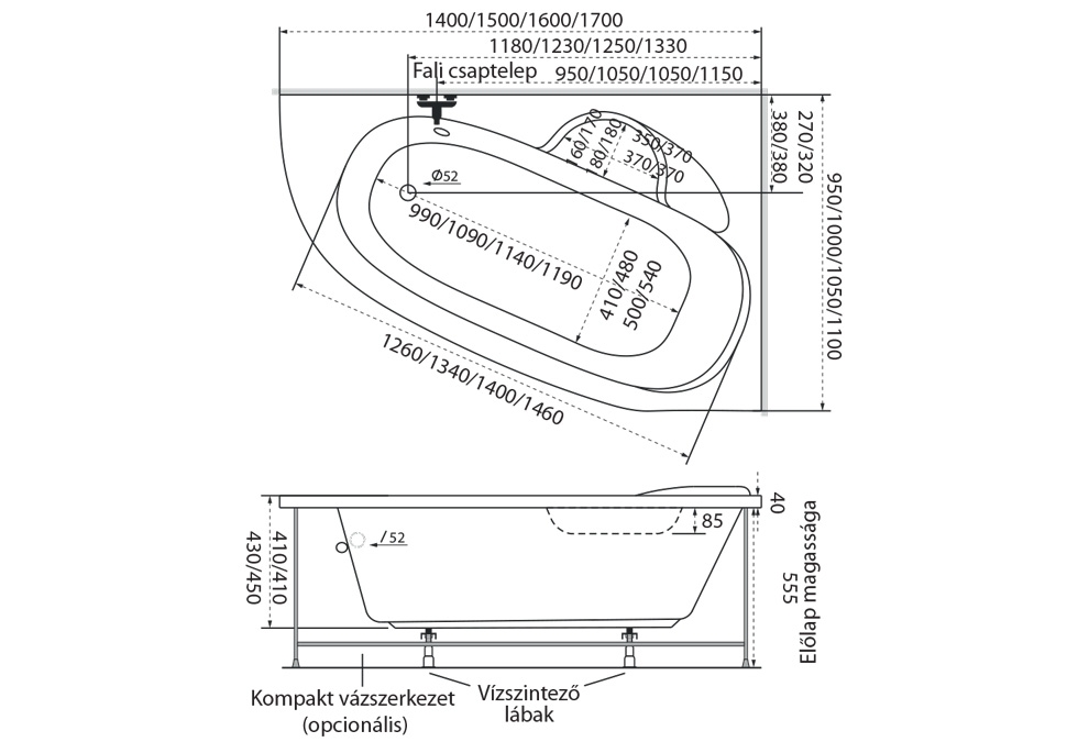 Daria aszimmetrikus akril kád 150x100 jobbos